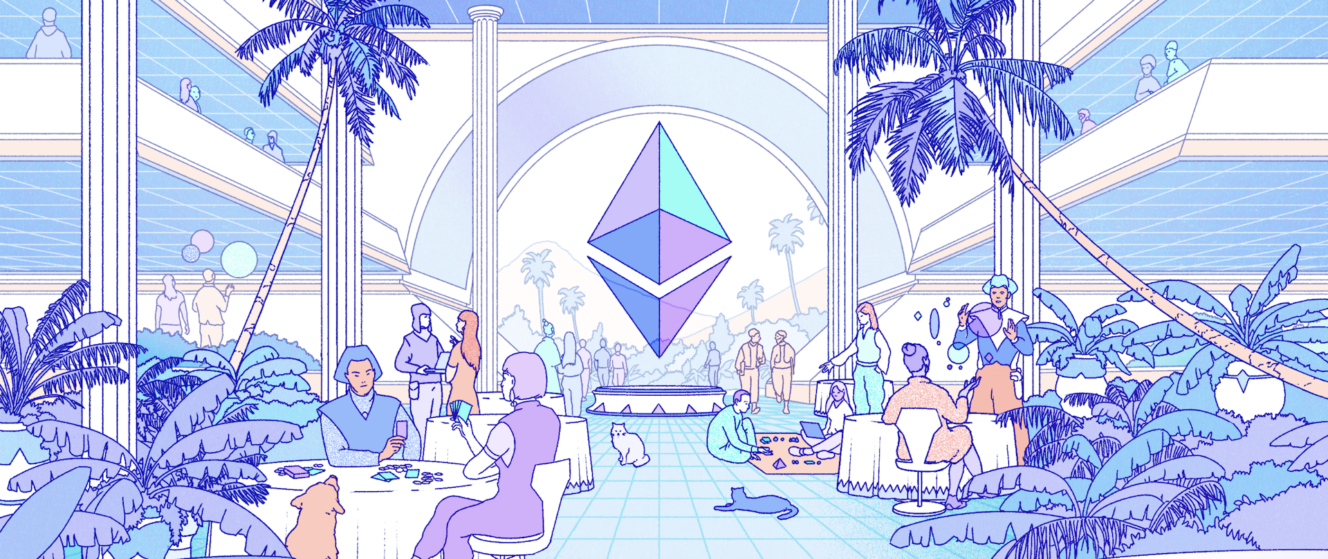 Иллюстрация футуристического города, представляющего экосистему Ethereum.