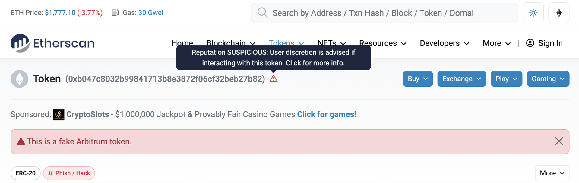 Etherscan'de dolandırıcılık token'ı